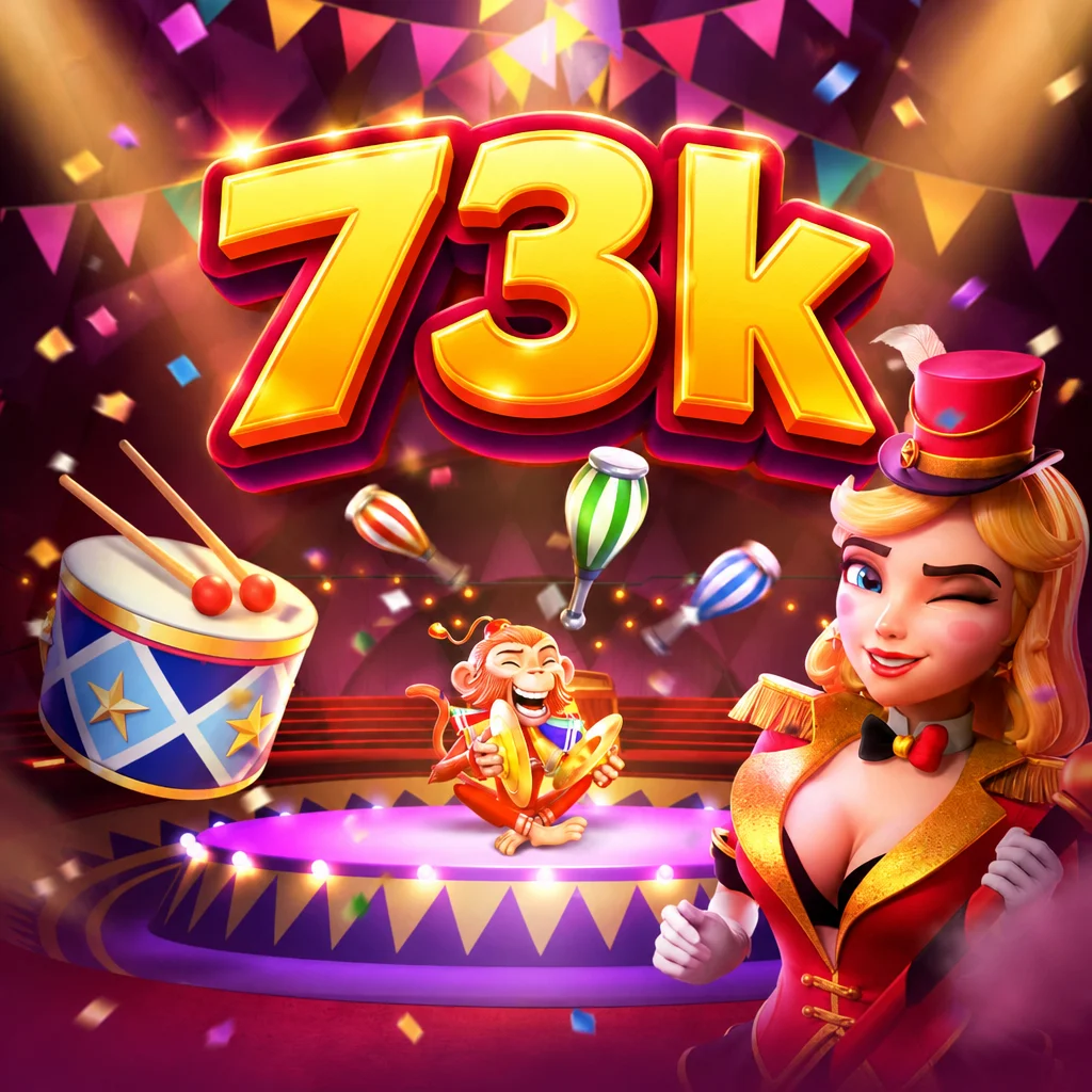 Ilustrasi panggung sirkus ceria game Circus Delight dengan logo 73k